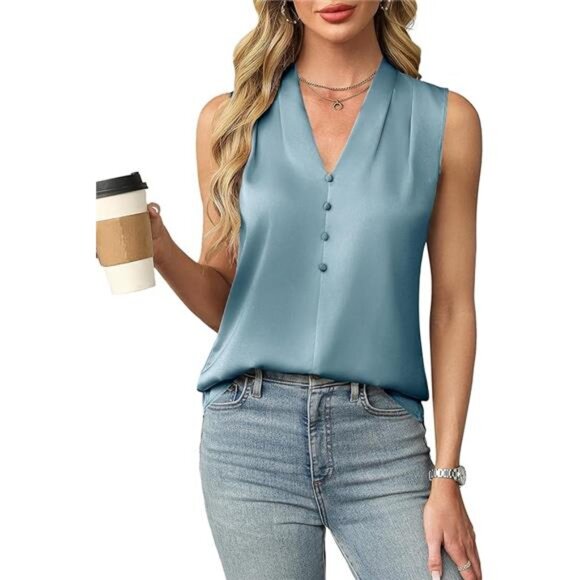 Satin V-Neck Blouse | Sleeveless Button Front Top | Dressy Casual Tank - Picture 5 of 5